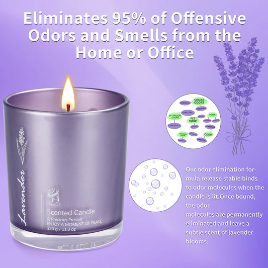 Label close-up showing lavender fragrance on candle jar
