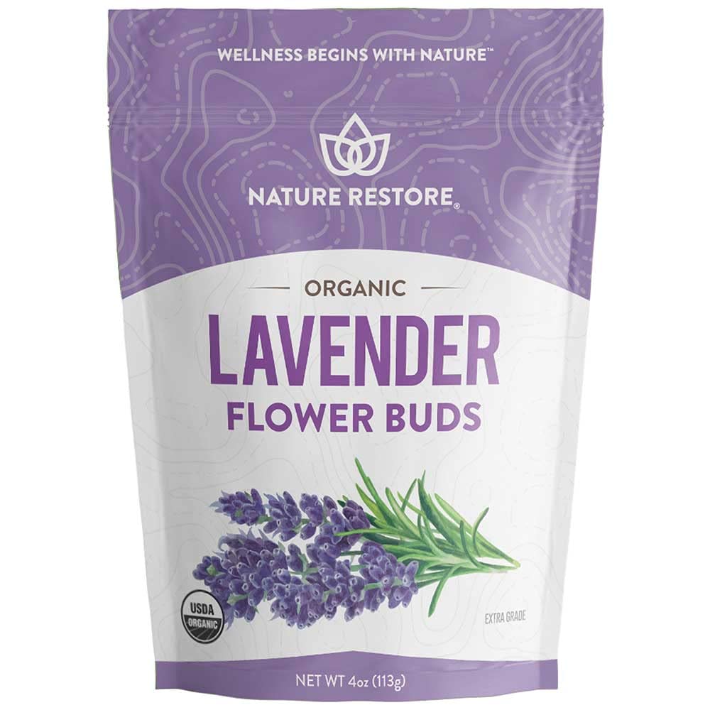 Nature Restore USDA Certified Organic dried lavender flowers in packaging