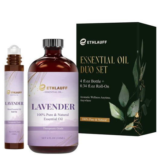 Lavender essential oil duo: 4 oz bottle and 0.34 oz roll-on for aromatherapy
