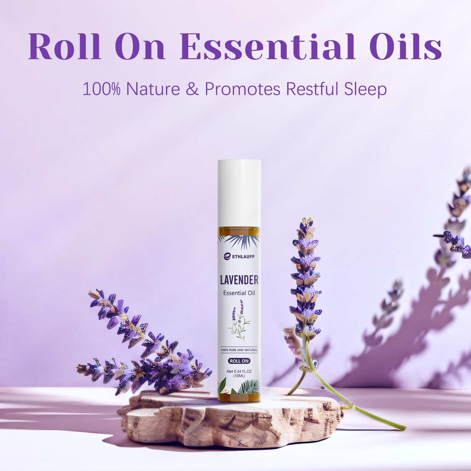 Roll-on applicator with lavender oil on a clean surface
