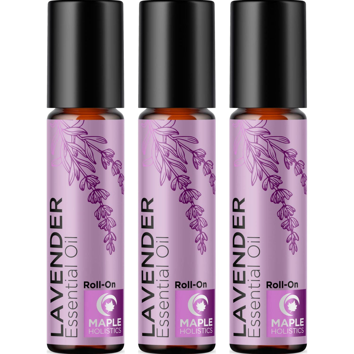 Lavender essential oil roll-on bottle displayed on a white background
