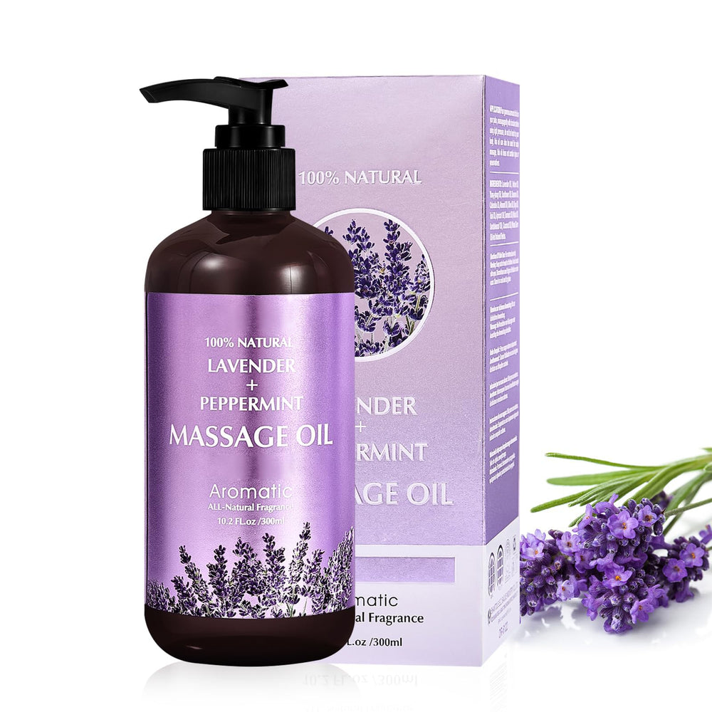 Lavender Massage Oil bottle on neutral background