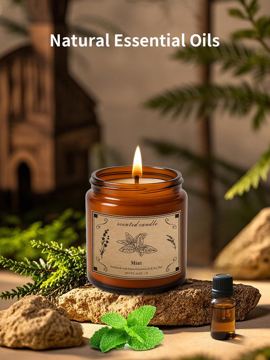 Lavender and mint aromatherapy candle in an amber jar