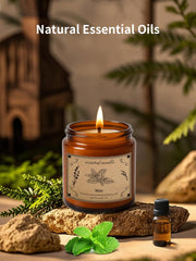 Lavender and mint aromatherapy candle in an amber jar