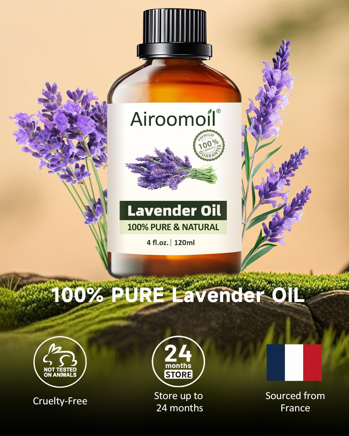Amber glass bottle of lavender essential oil with dropper