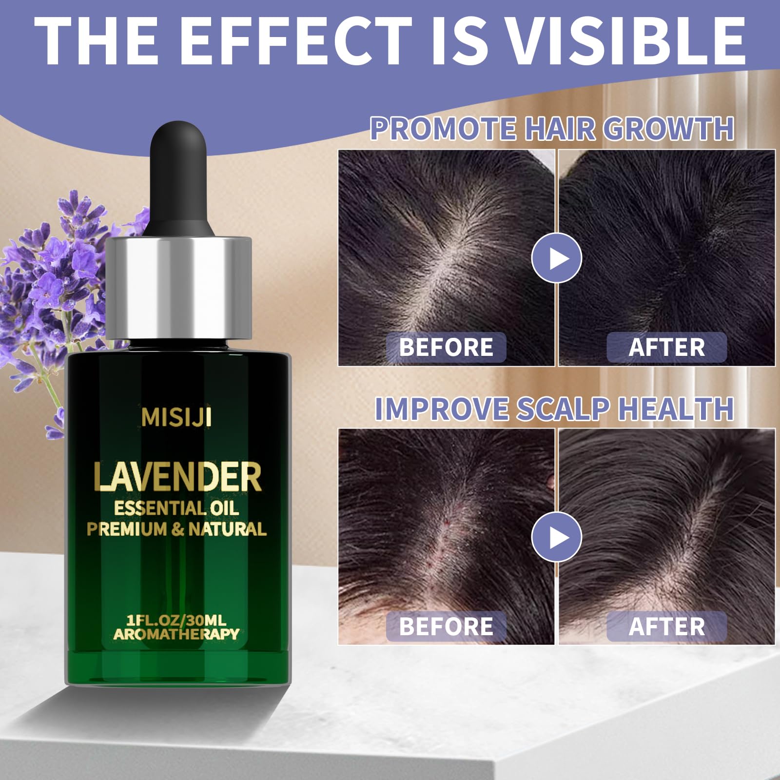 Close-up of MISIJI Lavender Essential Oil bottle