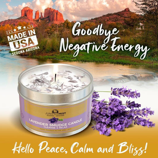Smokeless Lavender Sage Smudge Candle in tin - close-up
