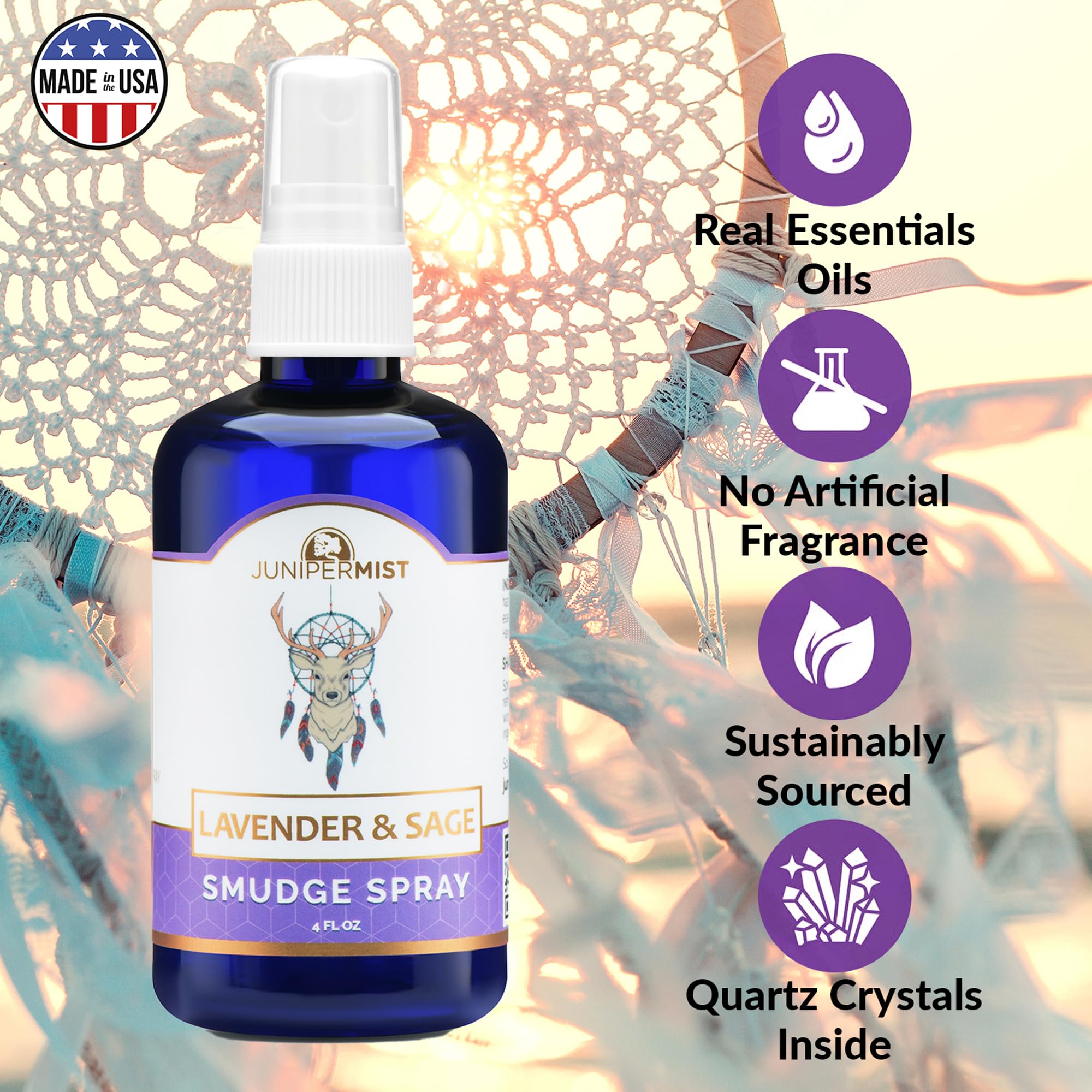 Lavender and sage smudge spray on an altar for cleansing