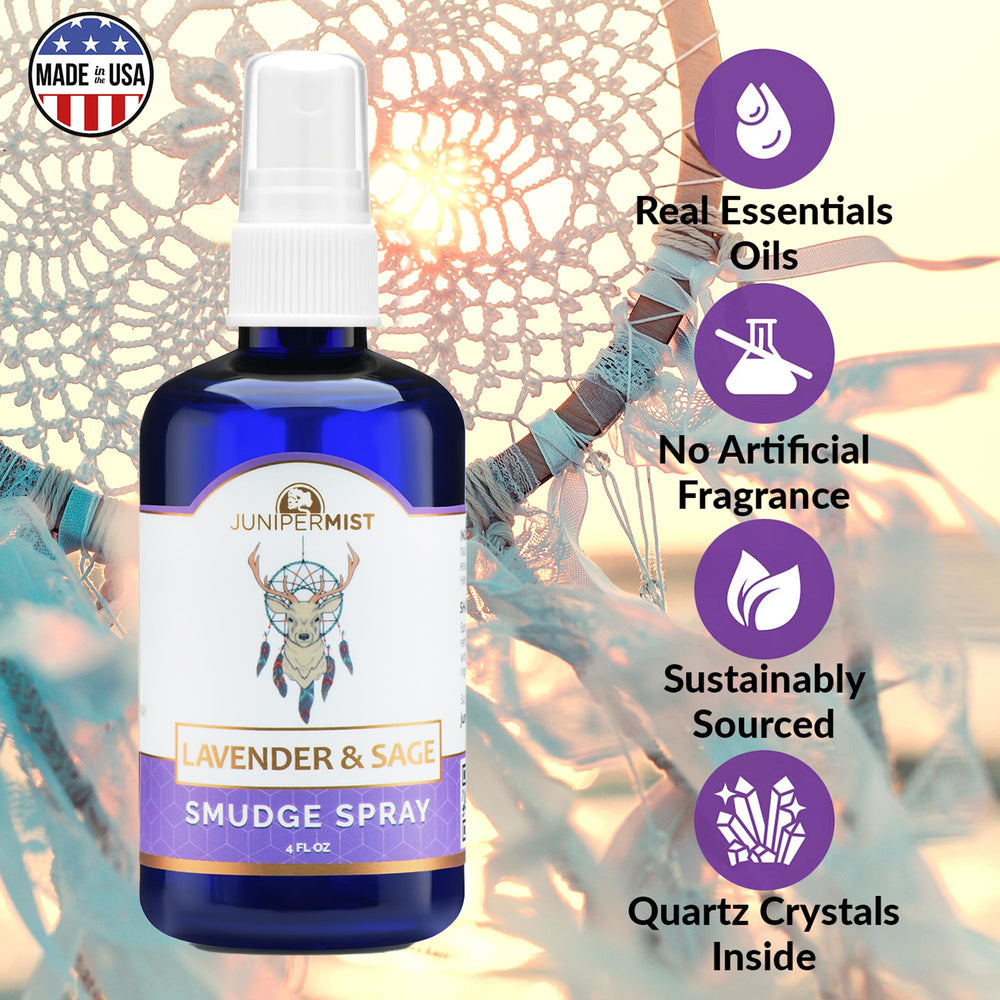 Lavender and sage smudge spray on an altar for cleansing