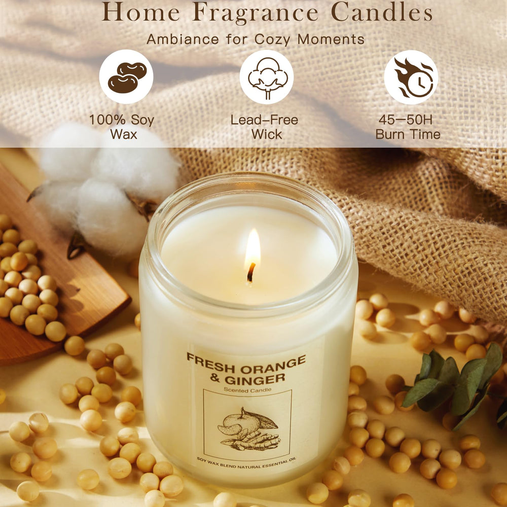 Close-up of orange scented candle from the gift set