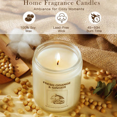 Close-up of orange scented candle from the gift set