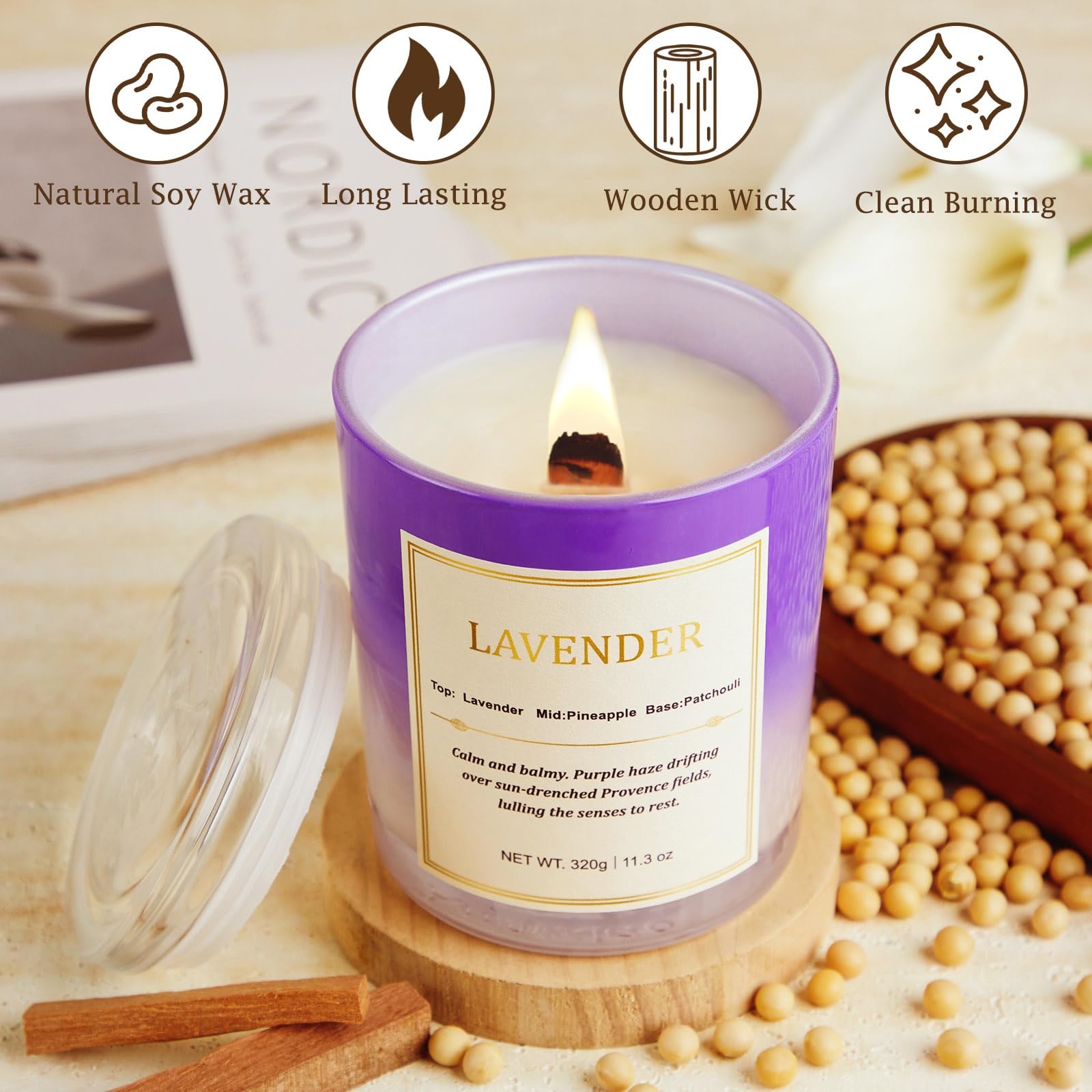 Close-up of lavender scented candle with wood wick