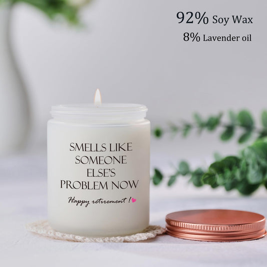 Close-up of lavender scented retirement candle.