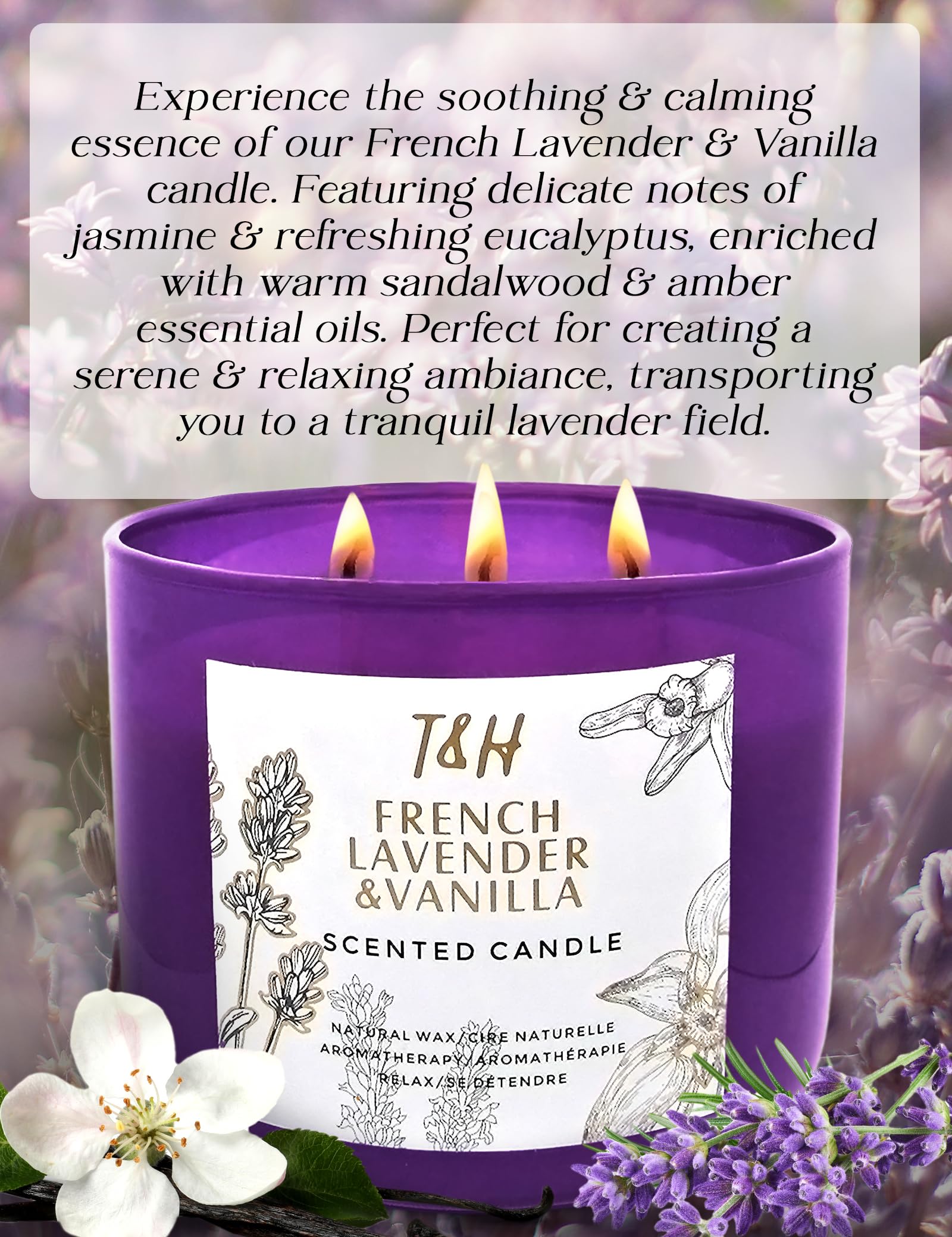 Product label on the purple jar with scent notes.