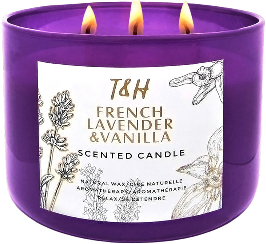 Front view of Lavender Vanilla 3-wick candle in a purple glass jar.