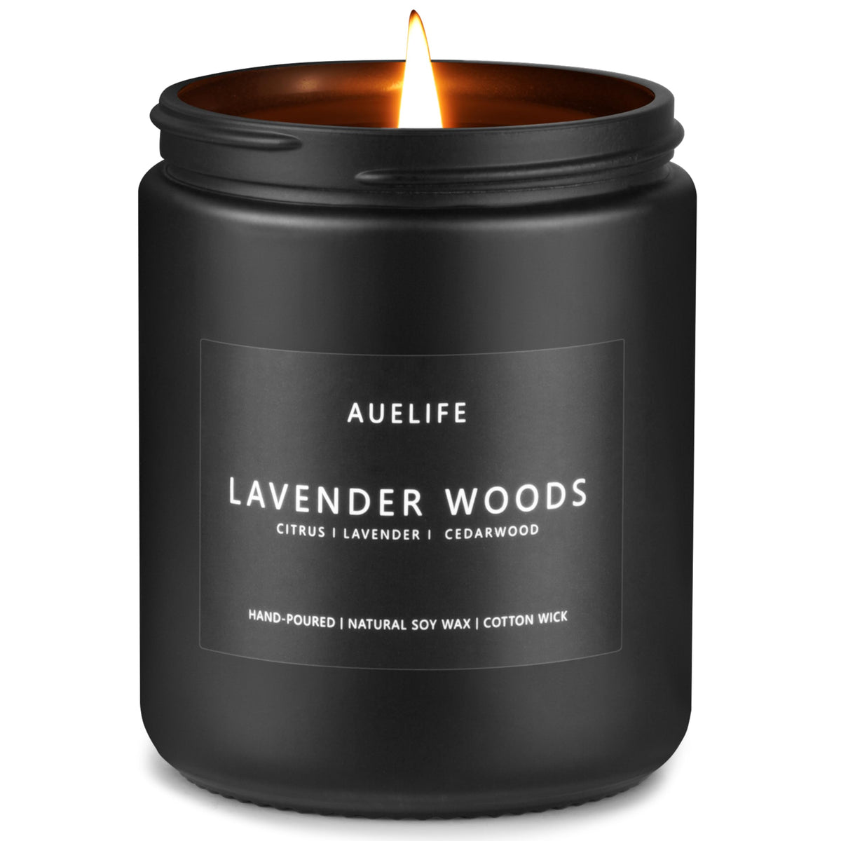 Scented candle for men in a black 7oz jar featuring lavender and wood fragrance