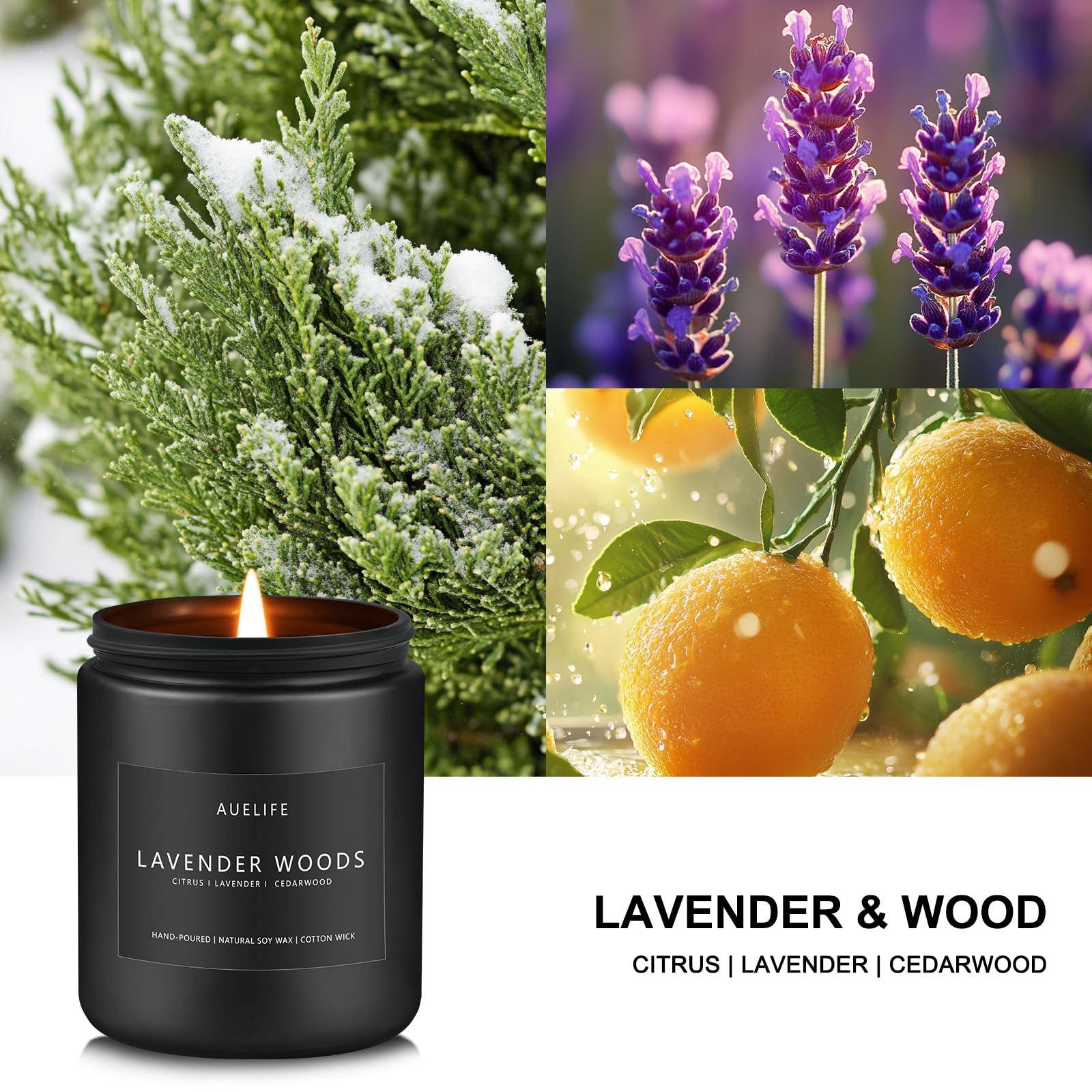 Close-up of lavender and wood scented candle in a black 7oz jar