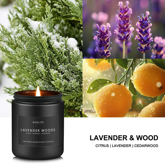Close-up of lavender and wood scented candle in a black 7oz jar