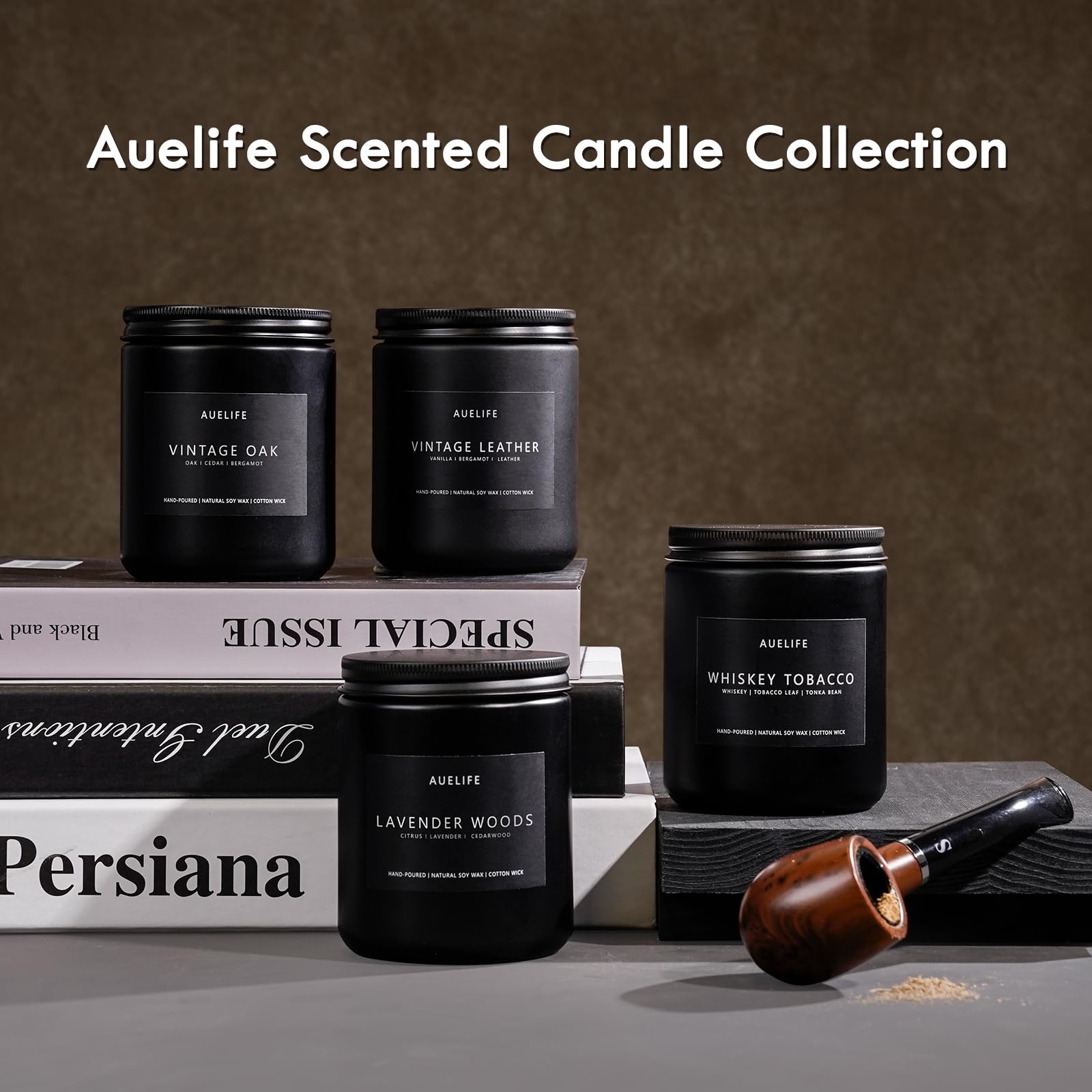 Lit candle in a masculine living space with a black jar