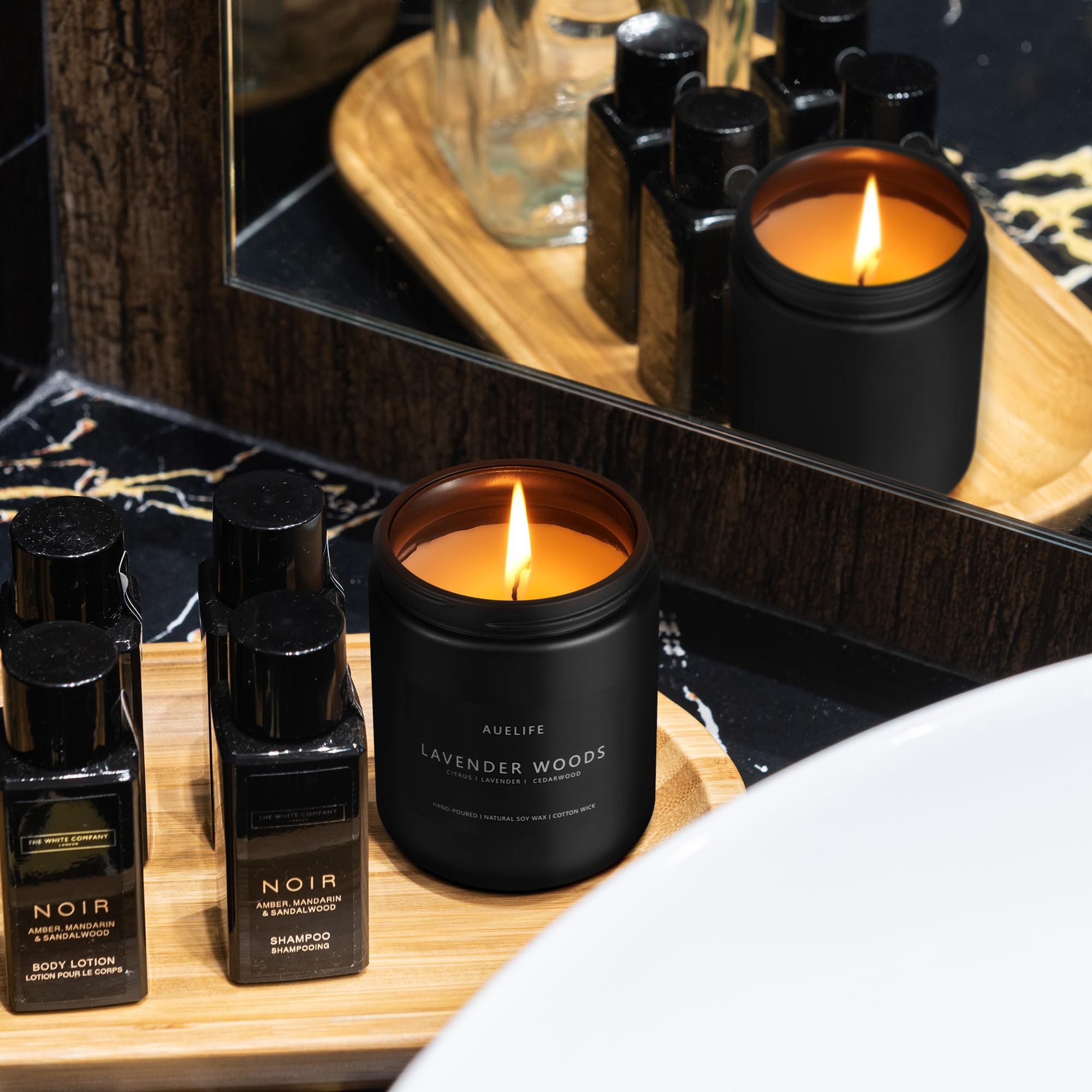 Gift-ready packaging for Lavender & Wood candle