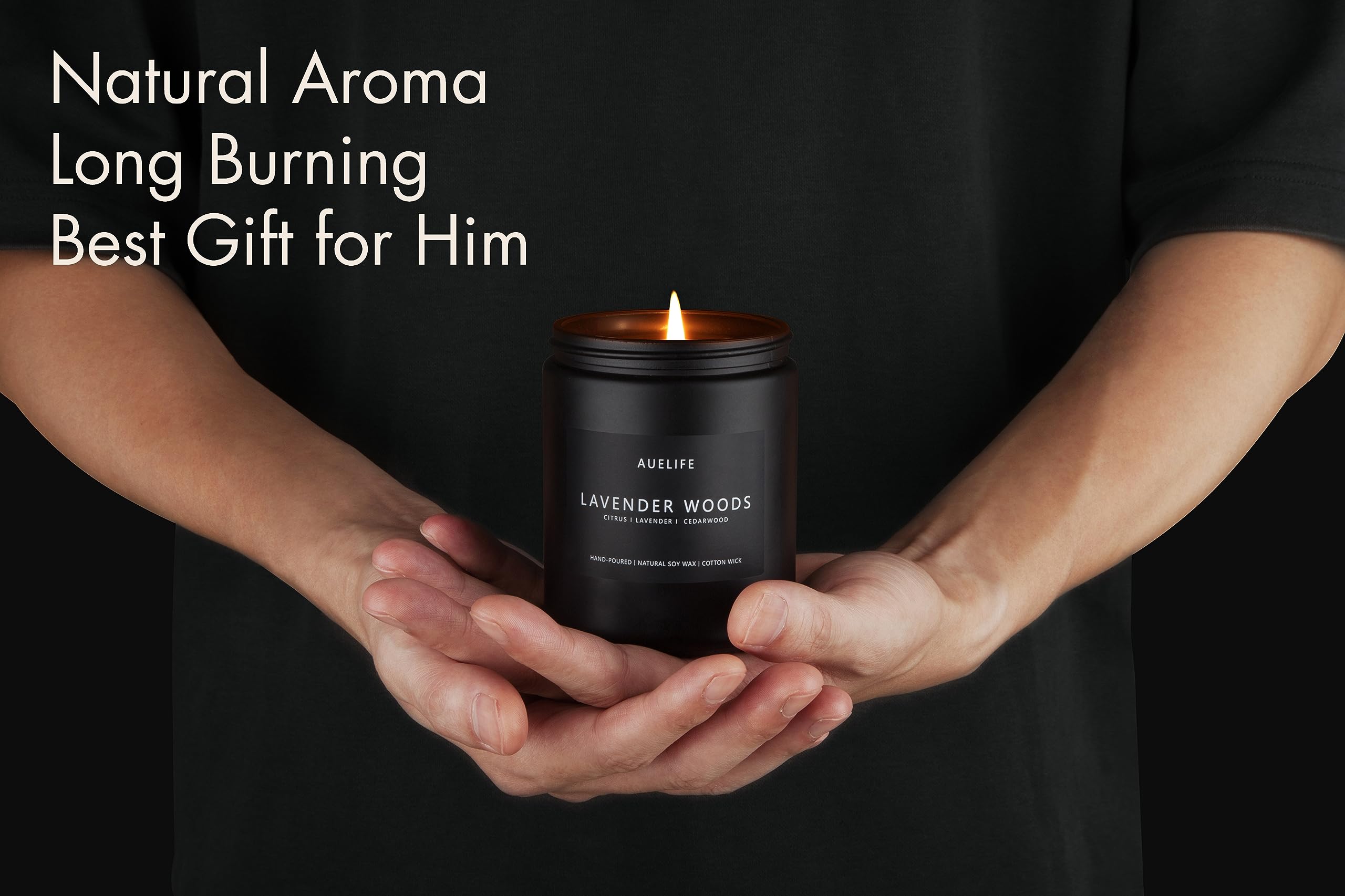 Matte black jar and label of Lavender & Wood candle