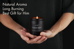 Matte black jar and label of Lavender & Wood candle