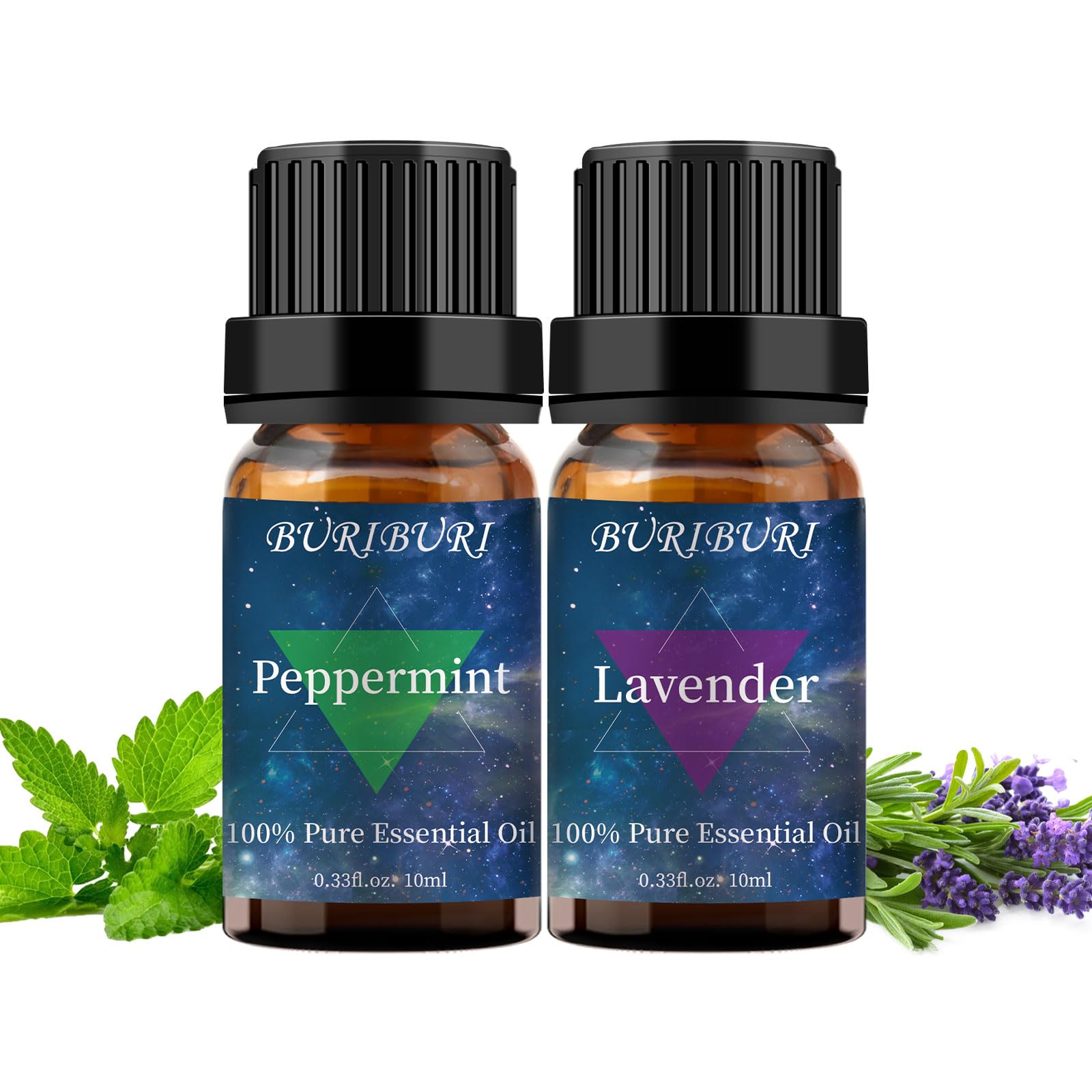 Lavender and Peppermint essential oil set 10ml each in amber bottles