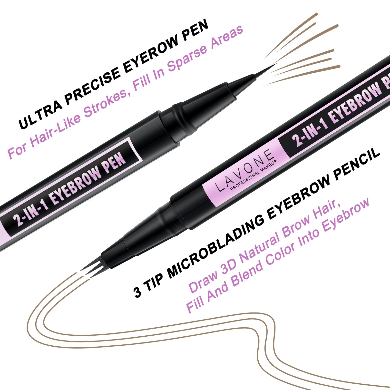 LAVONE 2-in-1 dual-ended brow pen delivers precise, long-lasting color.
