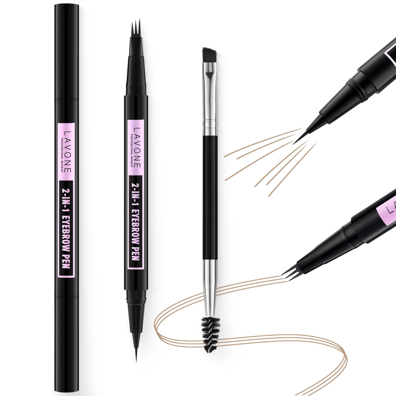 LAVONE eyebrow pen with 3-tip microblade creates natural hair-like strokes.