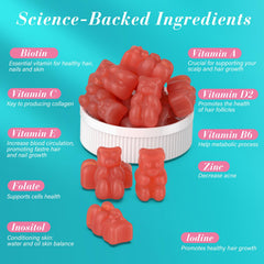 Close-up of Lazpowfi bear-shaped gummies showcases vegan formula for convenient beauty support.