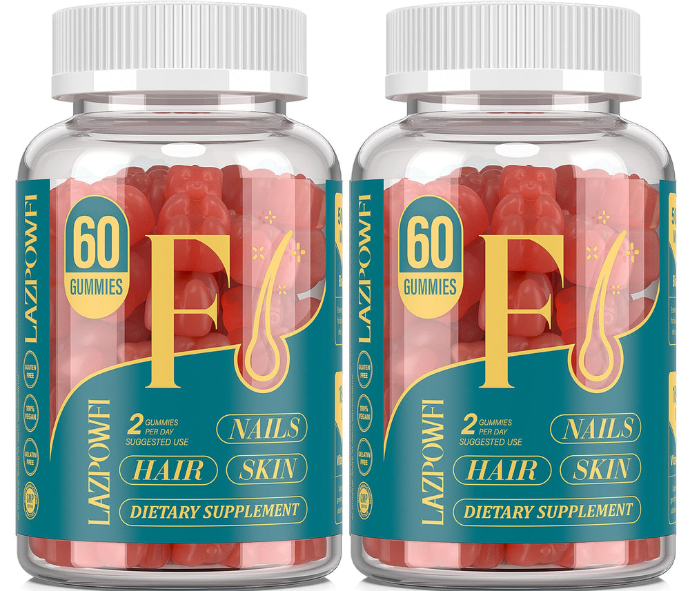 Lazpowfi Biotin Gummies bottle with strawberry flavor boosts daily hair and nail wellness.