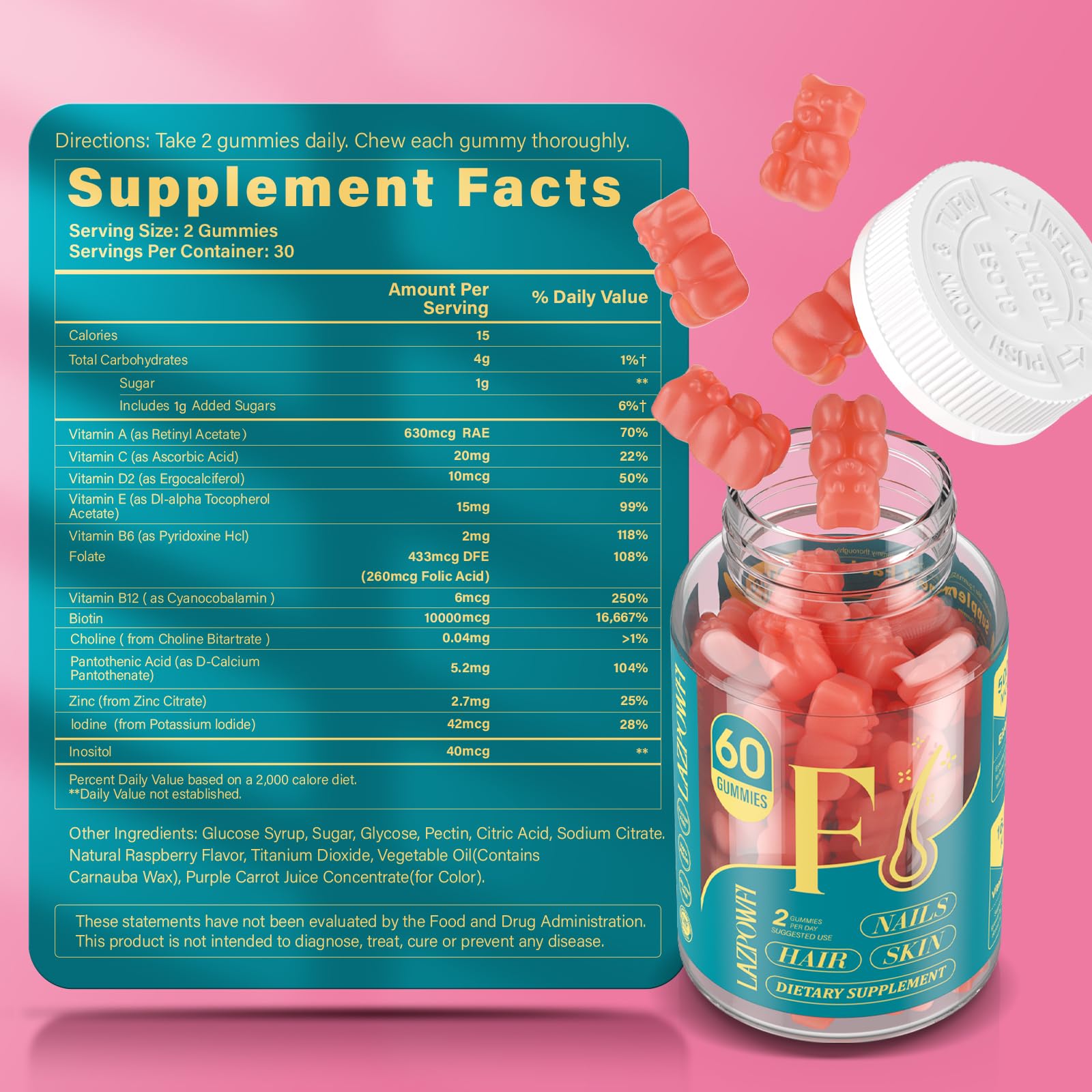 Opened package with Lazpowfi gummies spilling onto a surface for quick daily consumption.