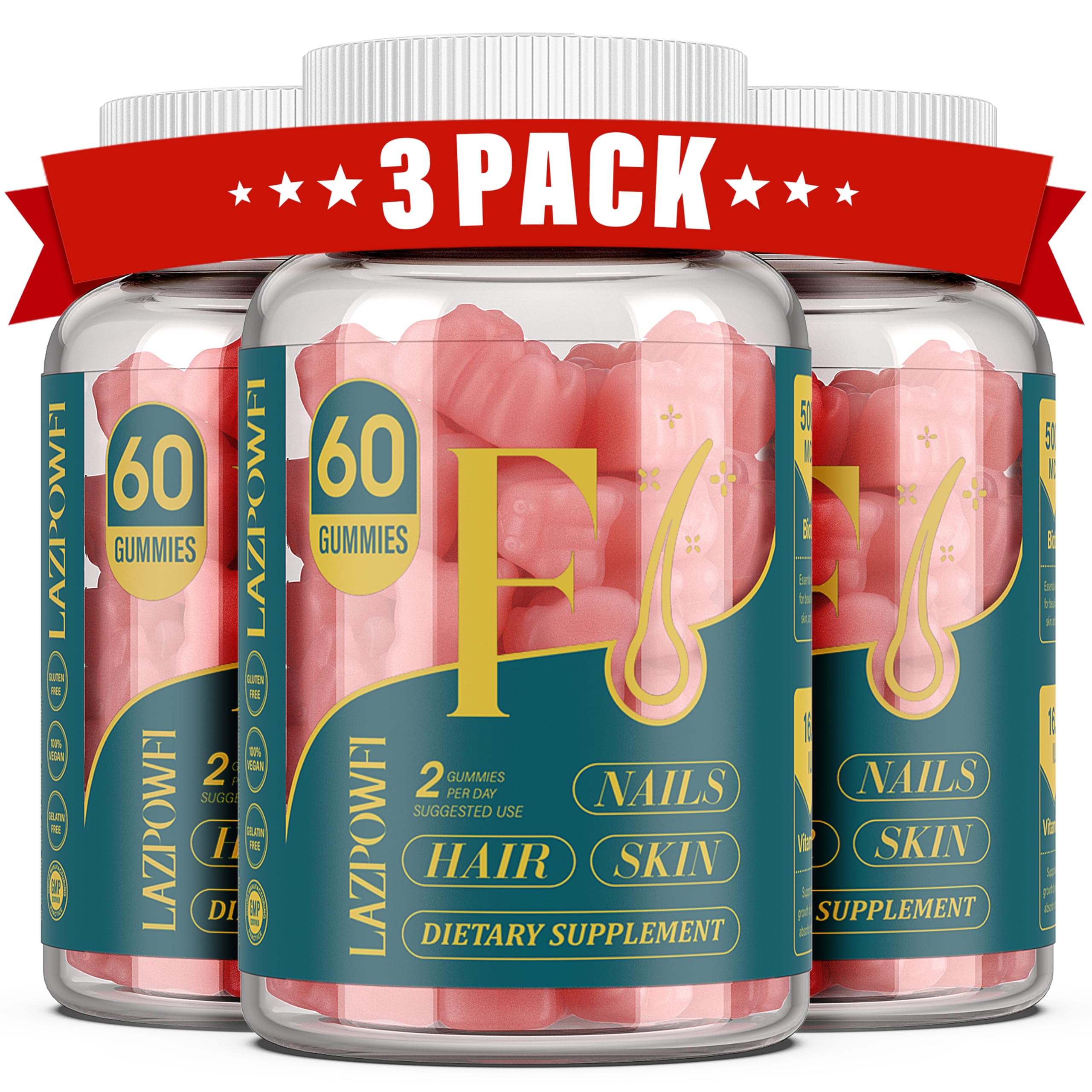 Lazpowfi Biotin Gummies Raspberry 3-Pack bottle on white background