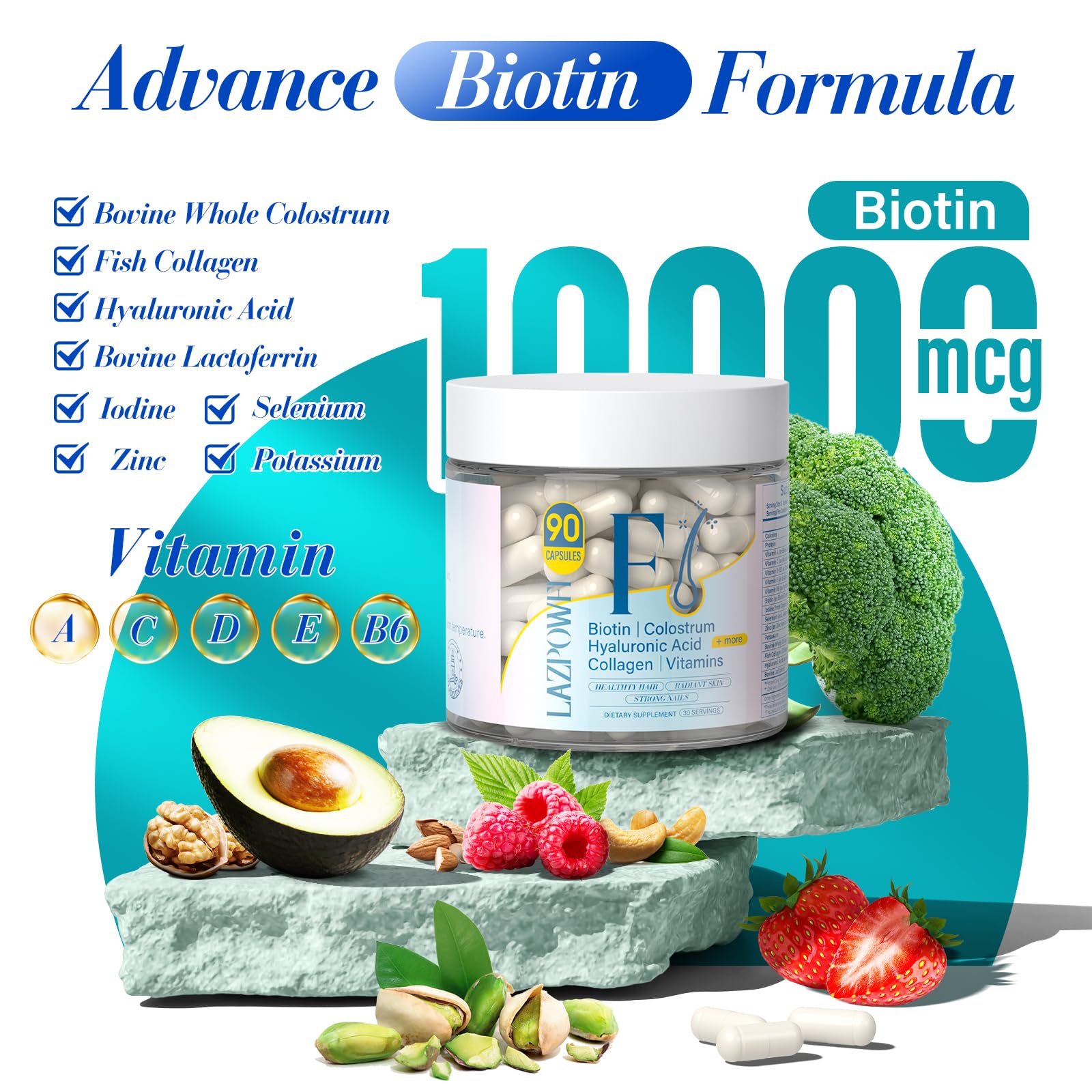 Supplement facts panel showing collagen, hyaluronic acid, vitamins