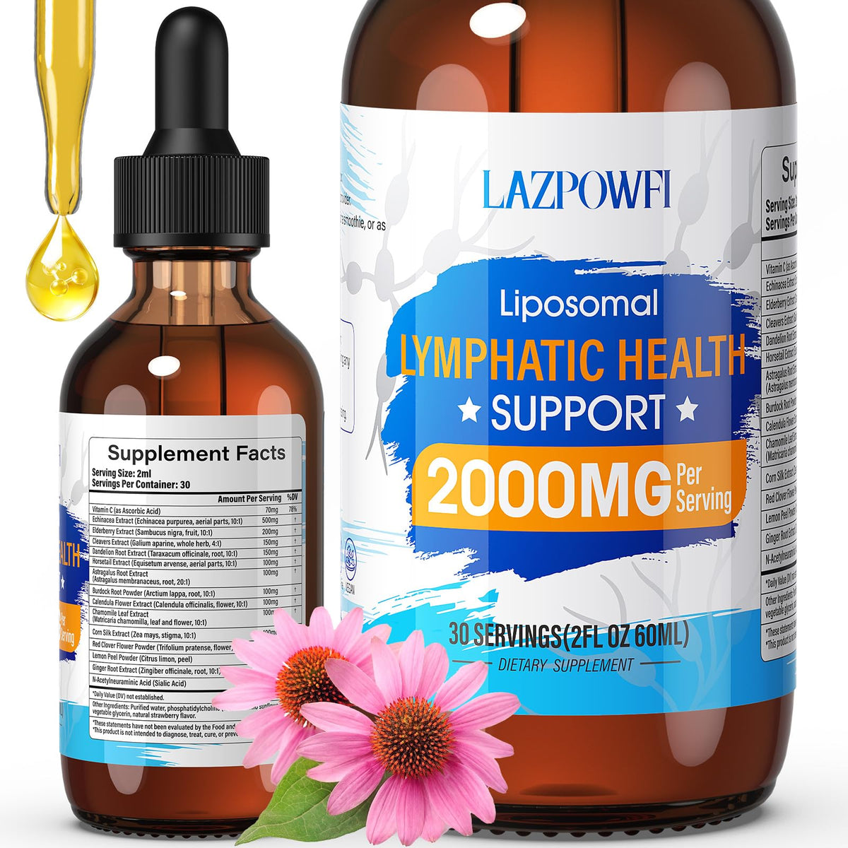 Lazpowfi Liposomal Lymphatic Drops strawberry flavor bottle, 2 oz