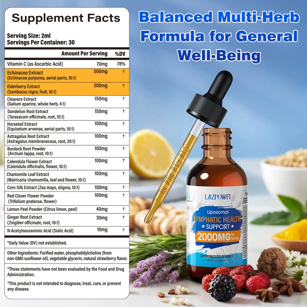 Lazpowfi Liposomal Lymph Drops ingredients close-up of herbal blend