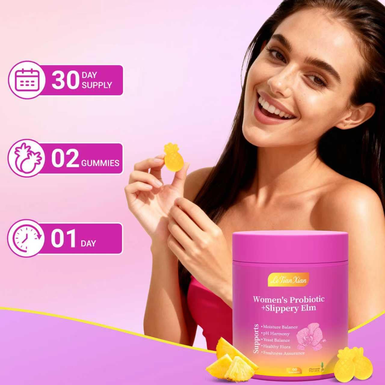 Lifestyle shot of a modern woman taking a gummy