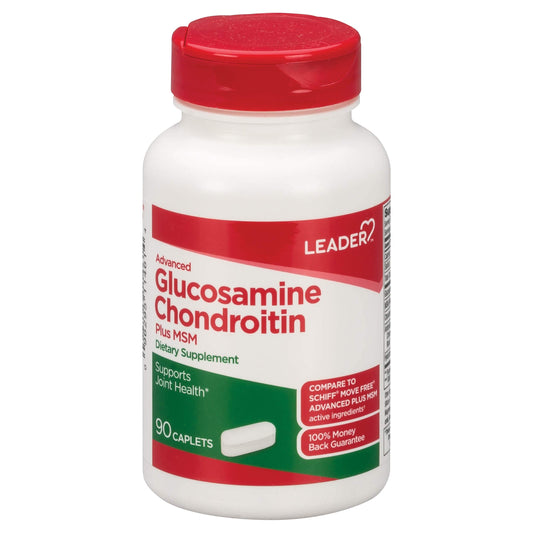 Leader Advanced Glucosamine Chondroitin Plus MSM bottle and caplets - front view