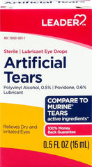 Leader Artificial Tears on bathroom shelf ready for convenient lubrication.