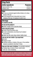 Leader Artificial Tears bottle label shows PVA and povidone for lubrication.