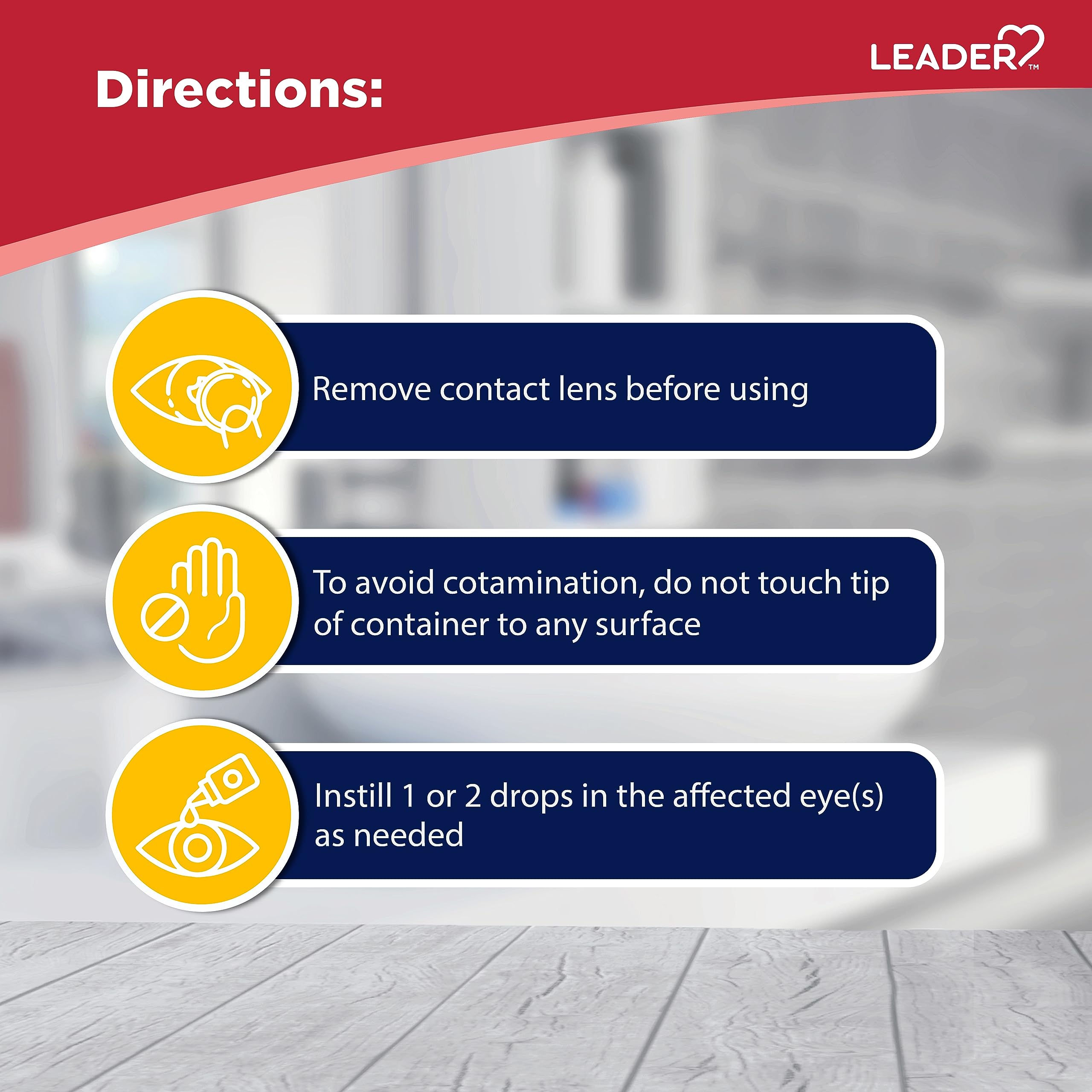 Leader Artificial Tears box on a shelf signaling convenient sterile lubrication.
