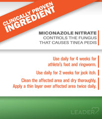 Leader Athlete's Foot AF Powder odor-control action on feet.
