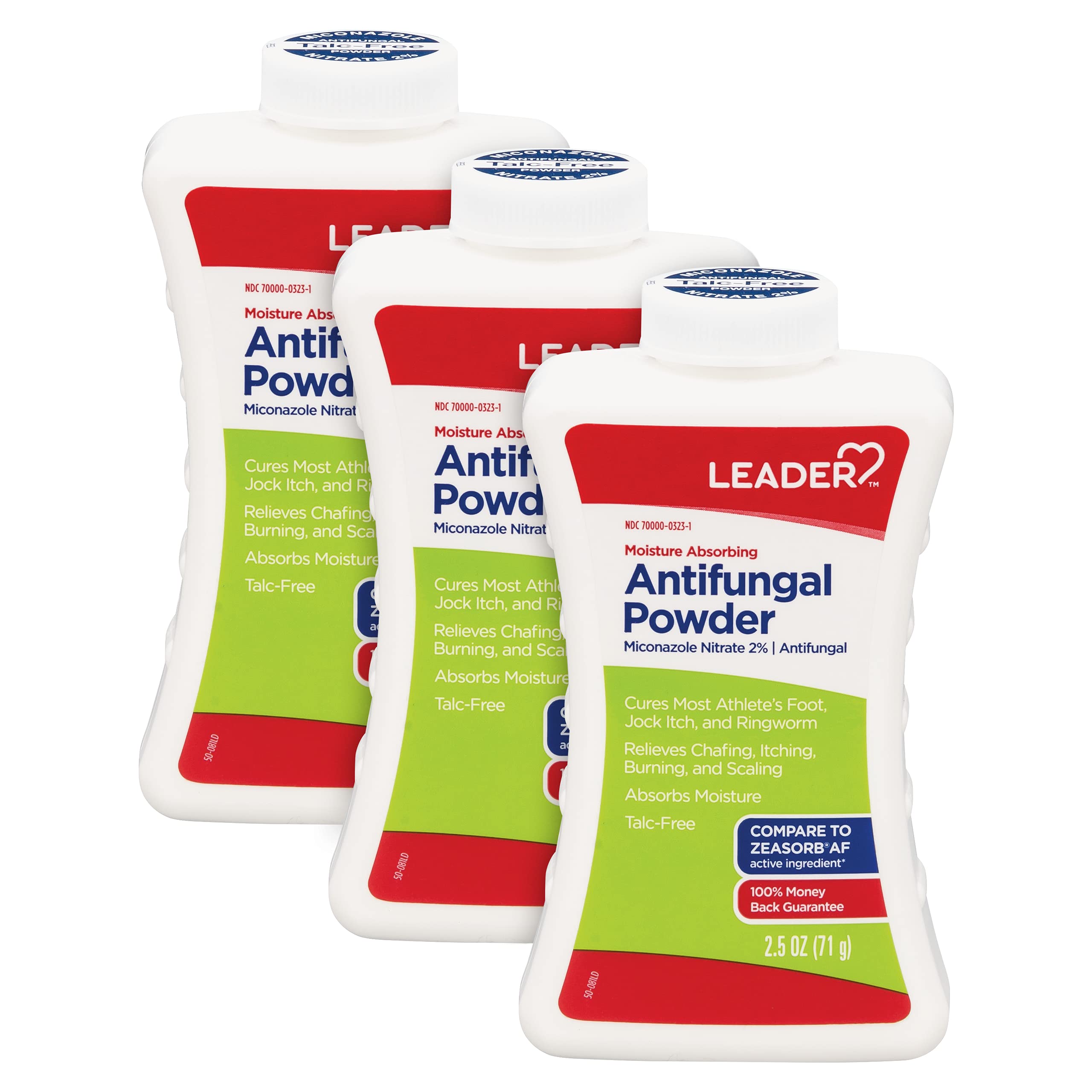 Leader Athlete's Foot AF Powder packaging shows moisture-absorbing talc-free formula.