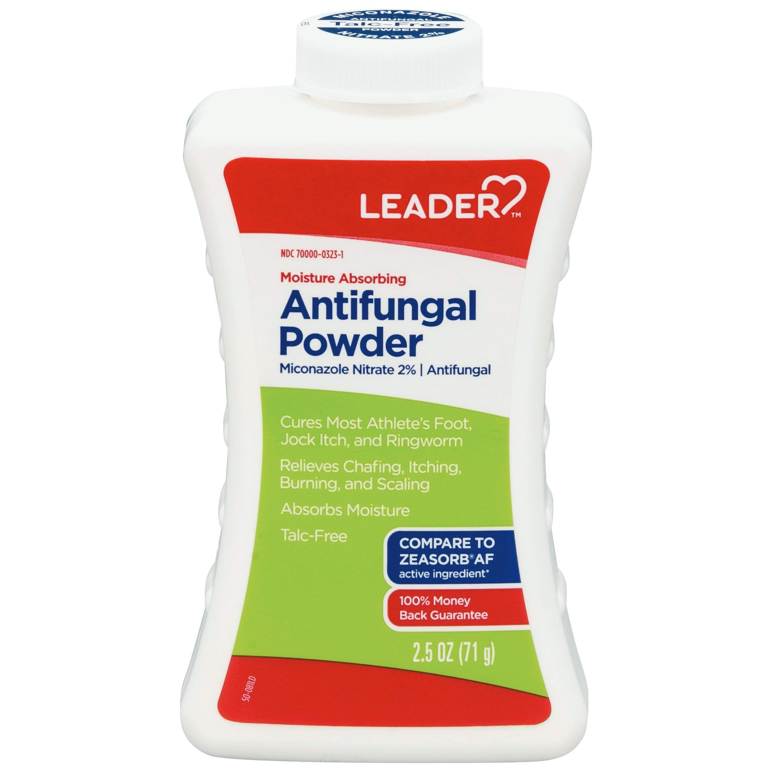 Leader moisture absorbing powder container front view, talc-free formula for everyday dryness and freshness.