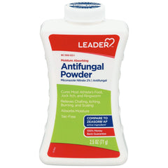 Leader moisture absorbing powder container front view, talc-free formula for everyday dryness and freshness.
