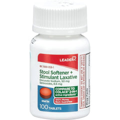 Leader stool softener tablet closeup: small and easy to swallow.