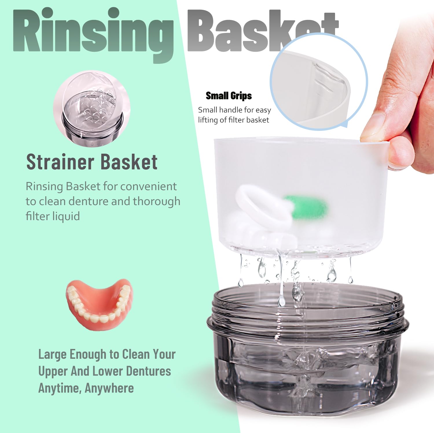 Open denture case with large soaking area for full dentures