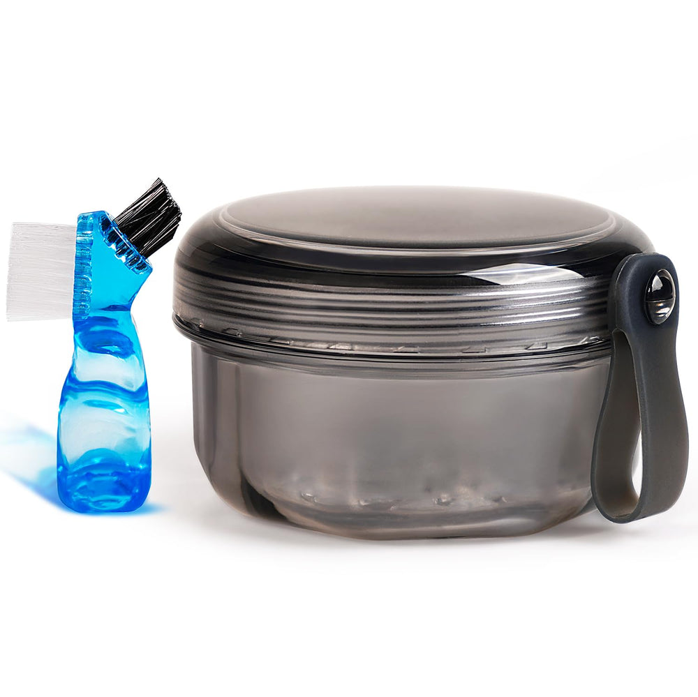 Travel-ready package with denture case and brush