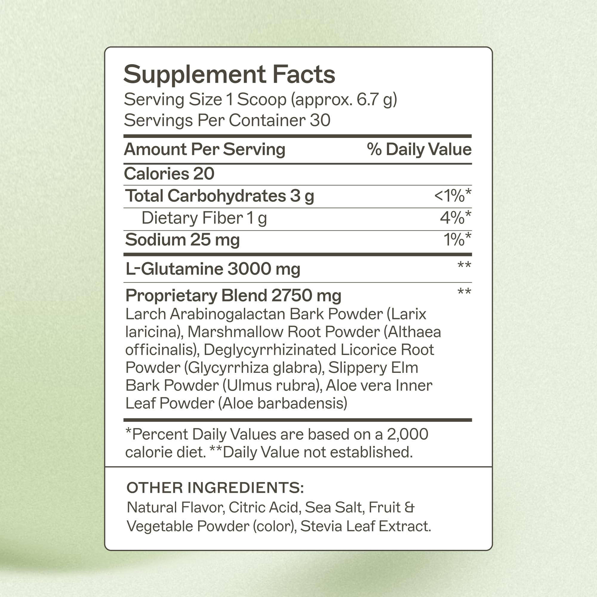 Botanical blend ingredients including prebiotic fiber and L-glutamine