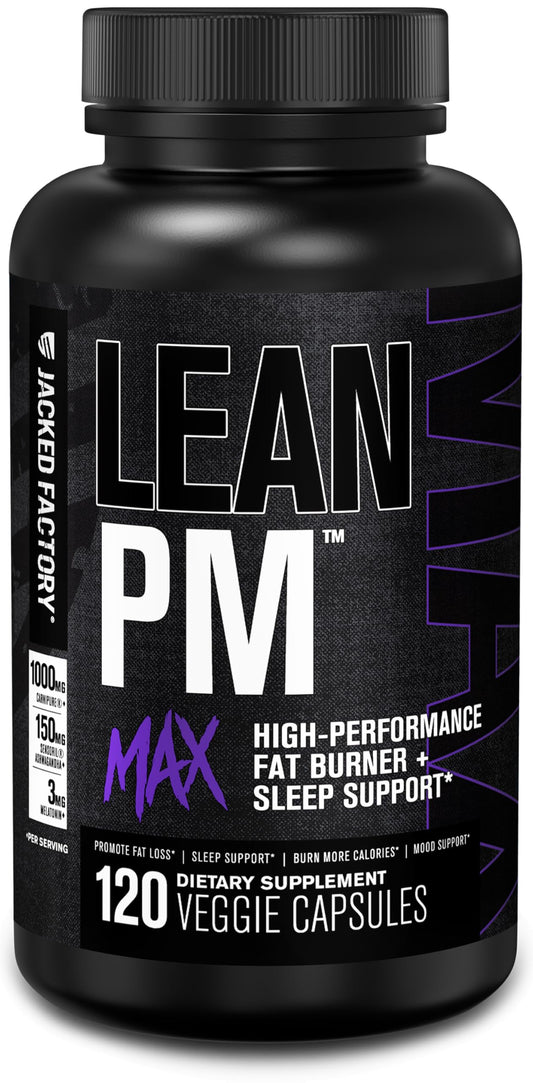 Bottle of Jacked Factory Lean PM Max diet pills on white background